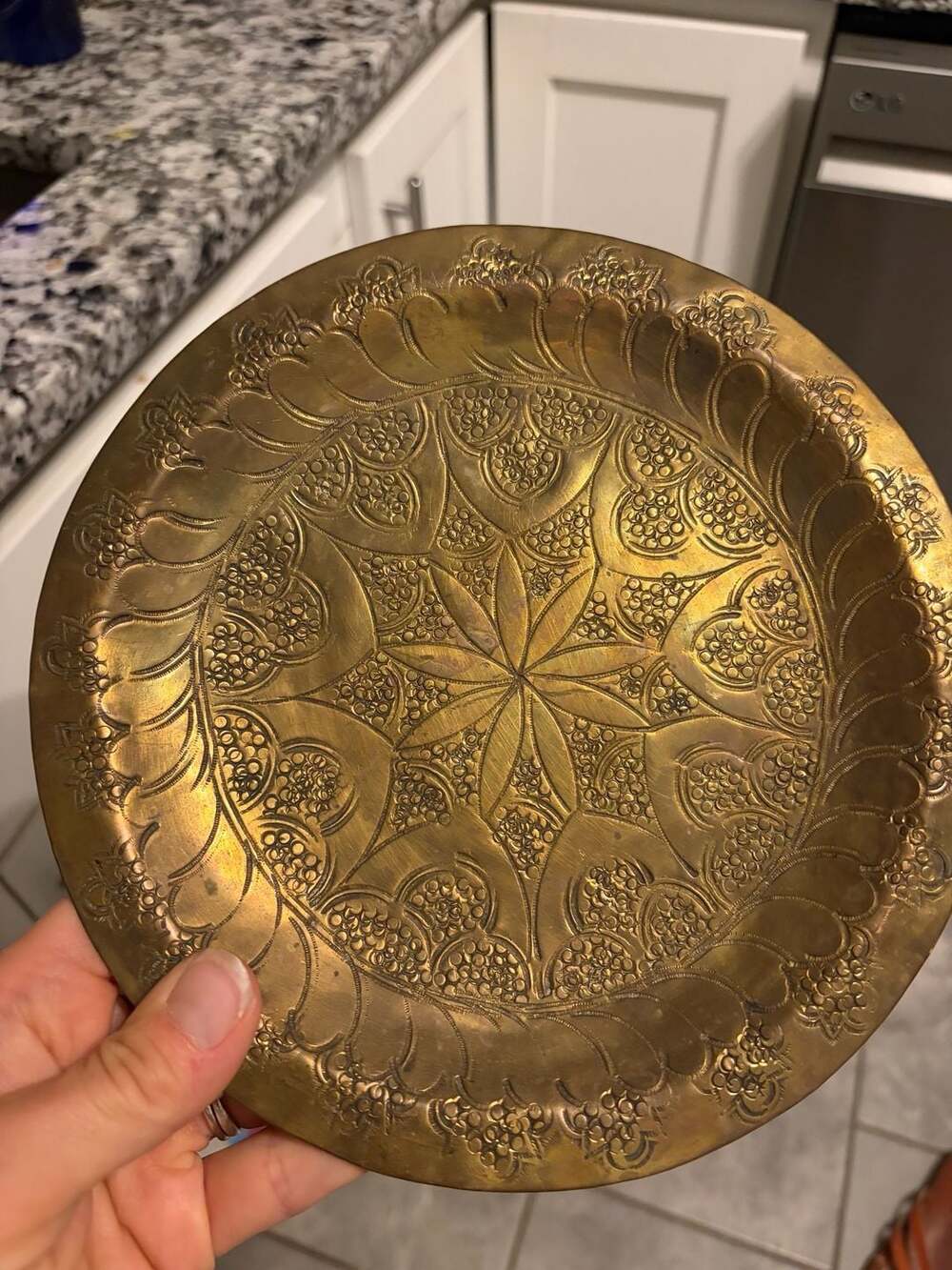 Vintage Hand Chased Brass Wall Plate 8” Indian Floral Grape Boho Decor